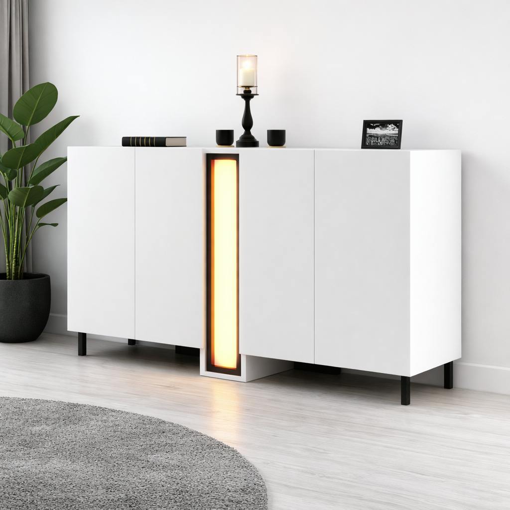 Buffet salle à manger blanc 4 portes colonne LED AURA
