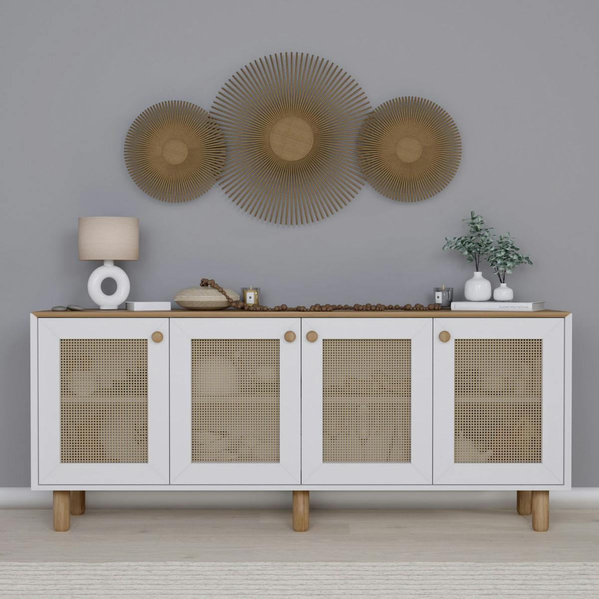 Buffet salle à manger blanc, cannage et effet noyer clair VAREN