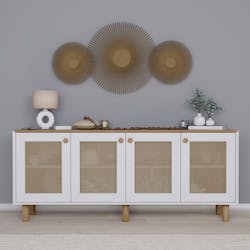 Buffet salle à manger blanc, cannage et effet noyer clair VAREN