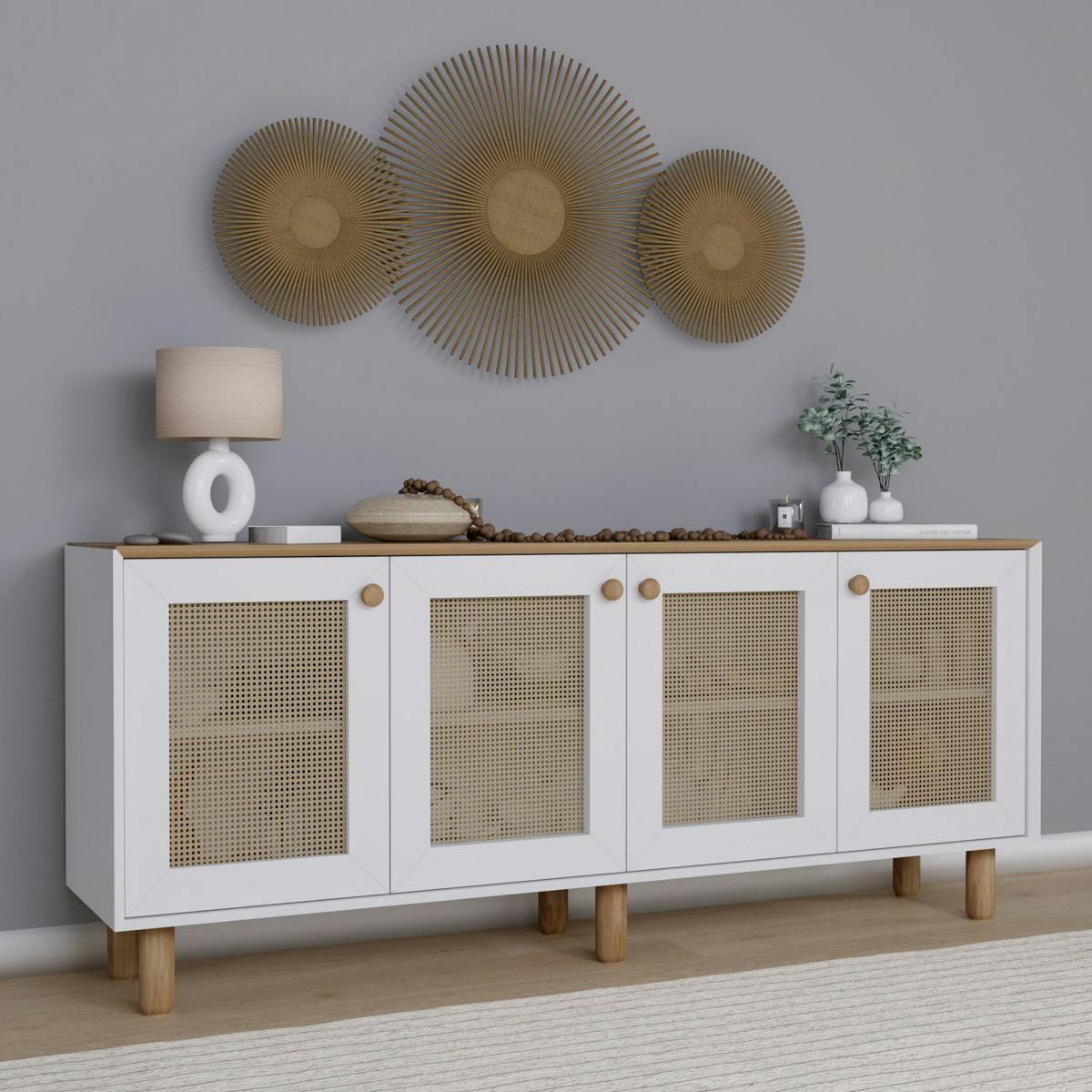 Buffet salle à manger blanc, cannage et effet noyer clair VAREN