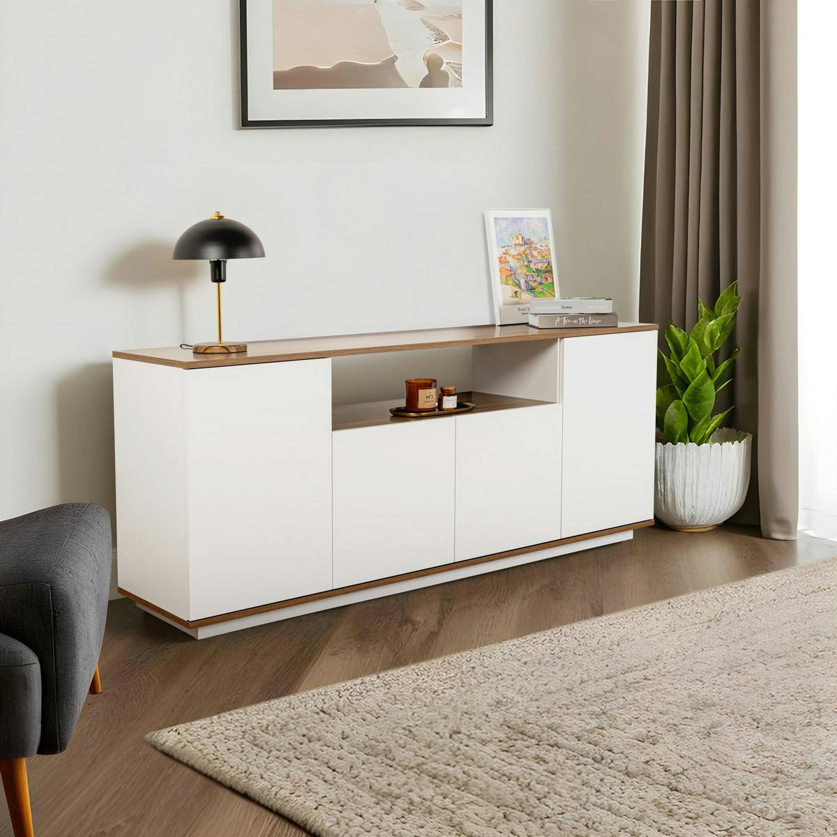 Buffet salle à manger blanc & effet noyer, niche centrale MARFA