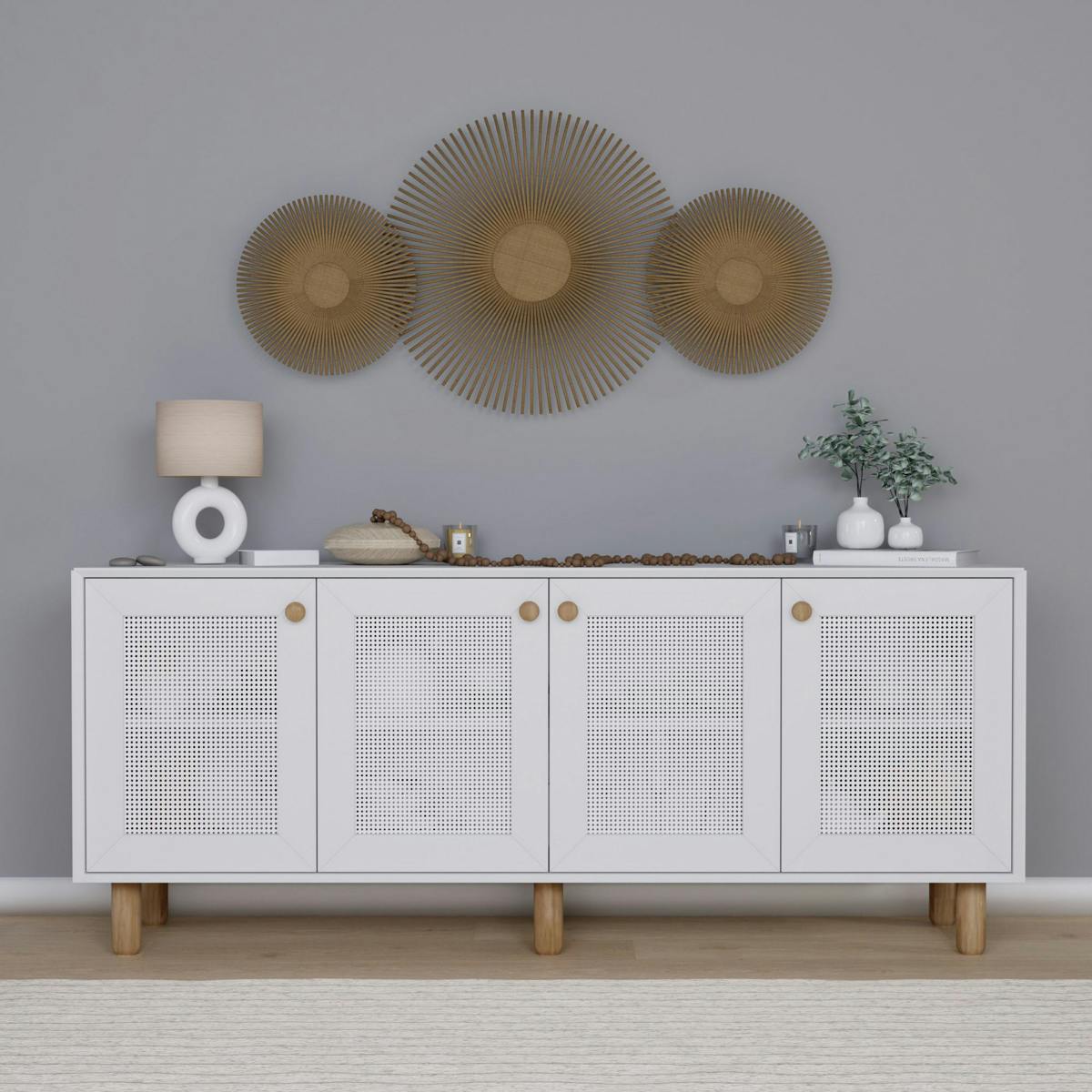 Buffet salle à manger blanc moderne, 4 portes cannage VAREN