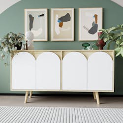 Buffet salle à manger effet bois 4 portes courbes blanches VAREN