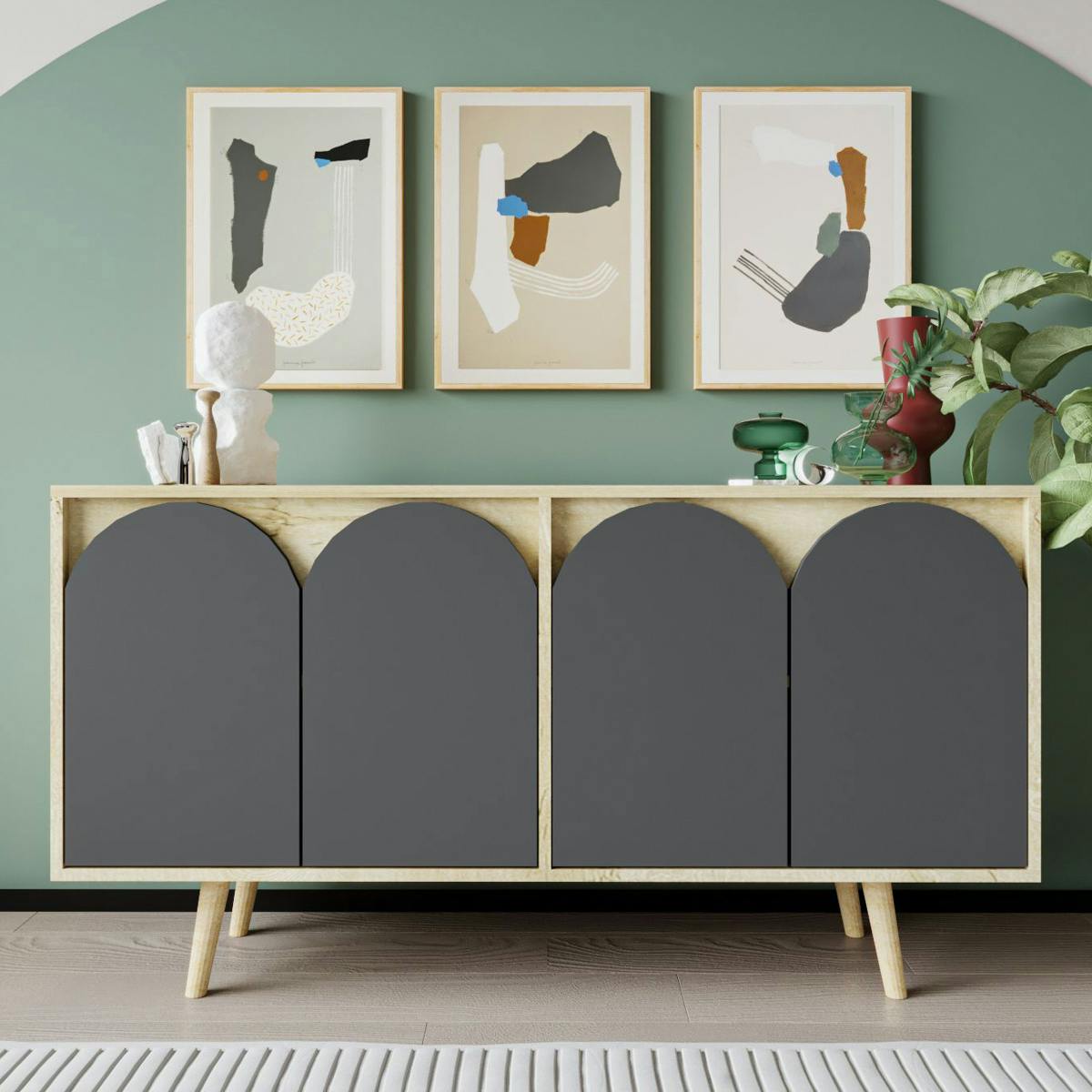 Buffet salle à manger effet bois 4 portes courbes grises VAREN