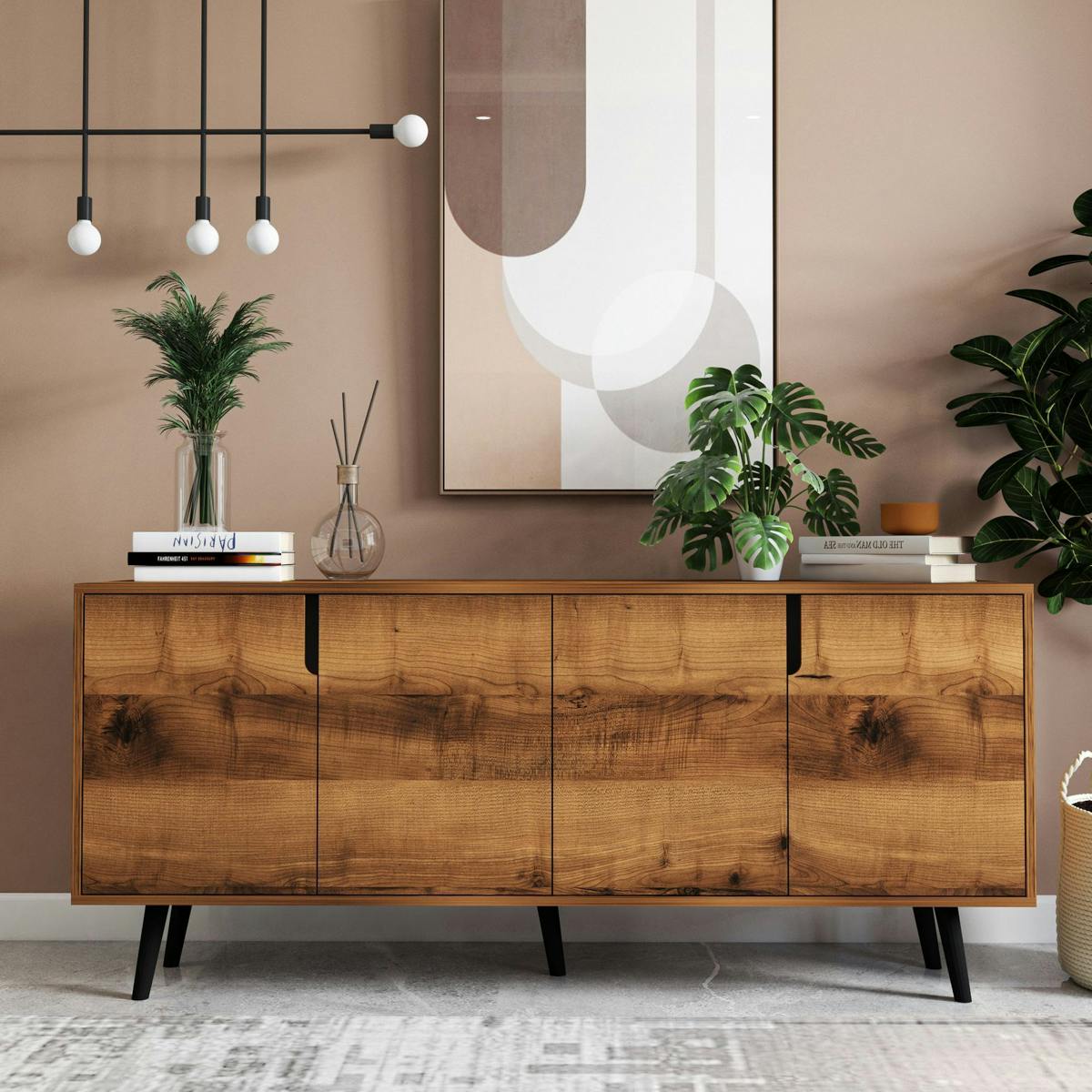 Buffet salle à manger moderne 4 portes effet noyer MARFA