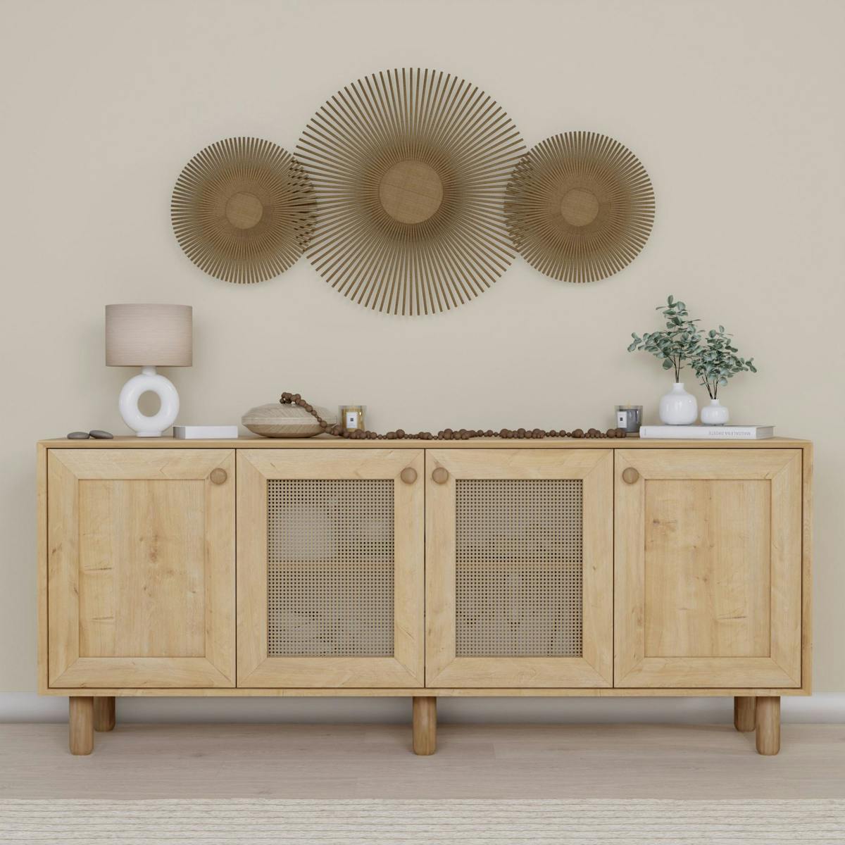 Buffet salle à manger moderne effet bois détail cannage VAREN