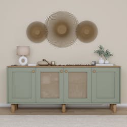 Buffet salle à manger vert sauge, cannage et effet bois VAREN