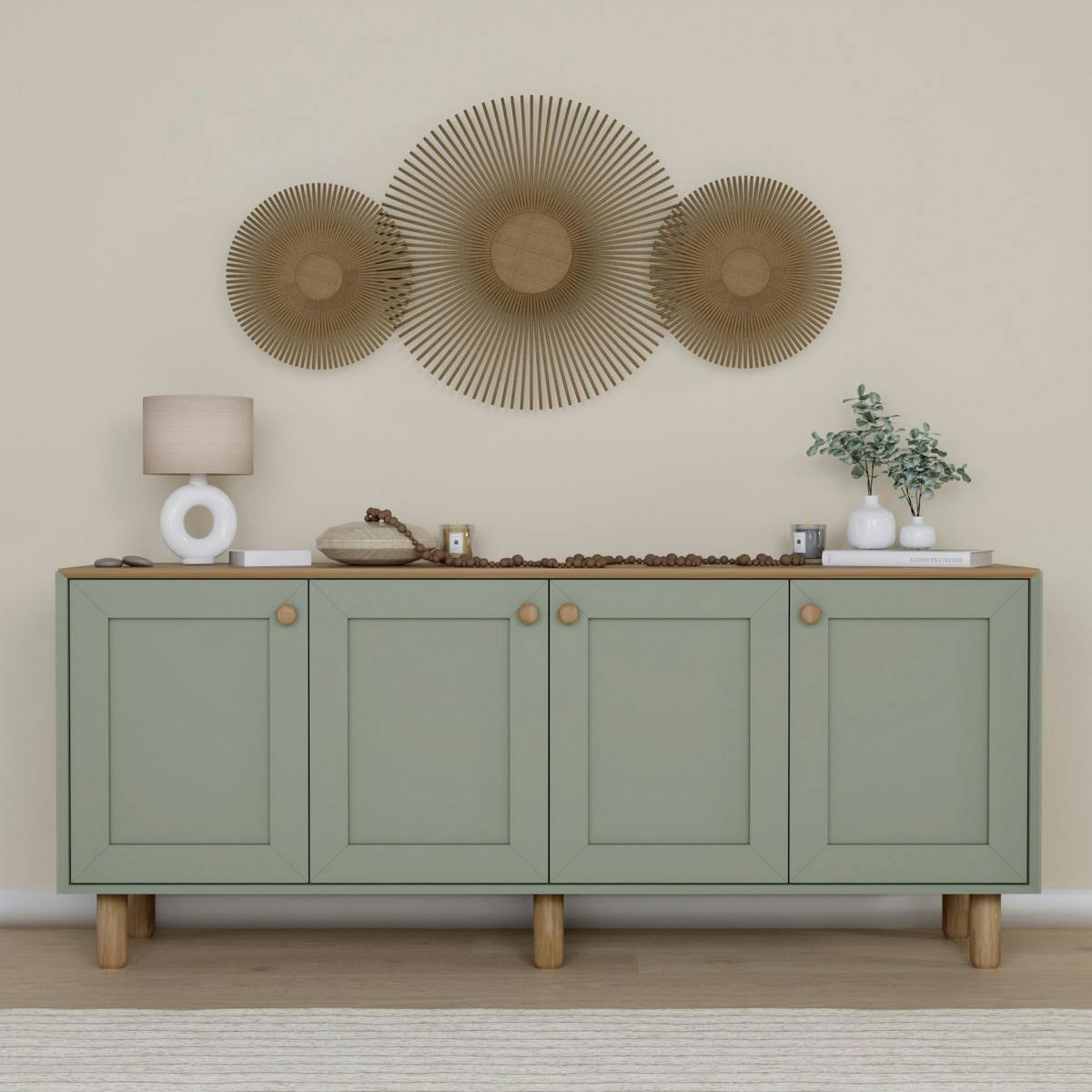 Buffet salle à manger vert sauge, plateau effet bois VAREN