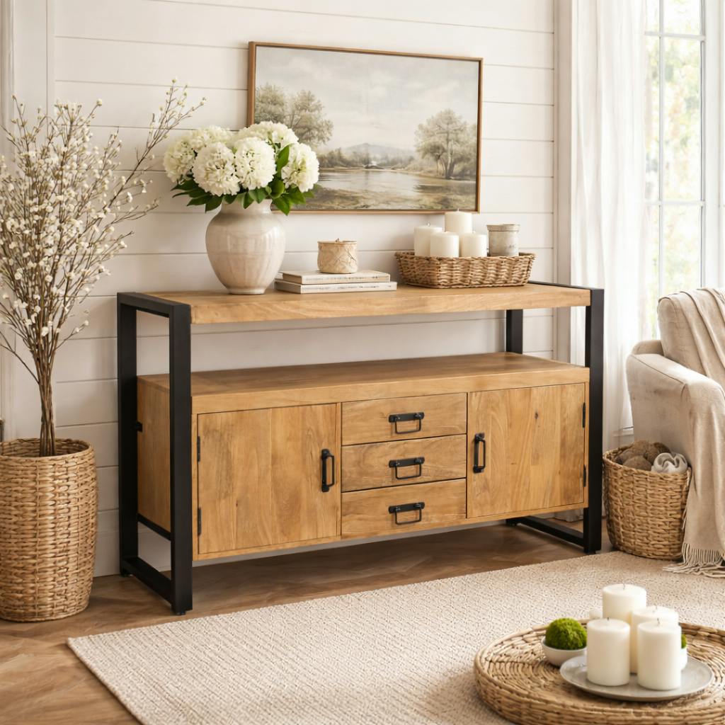 Buffet salon bois clair métal noir 2 portes 3 tiroirs MILORA