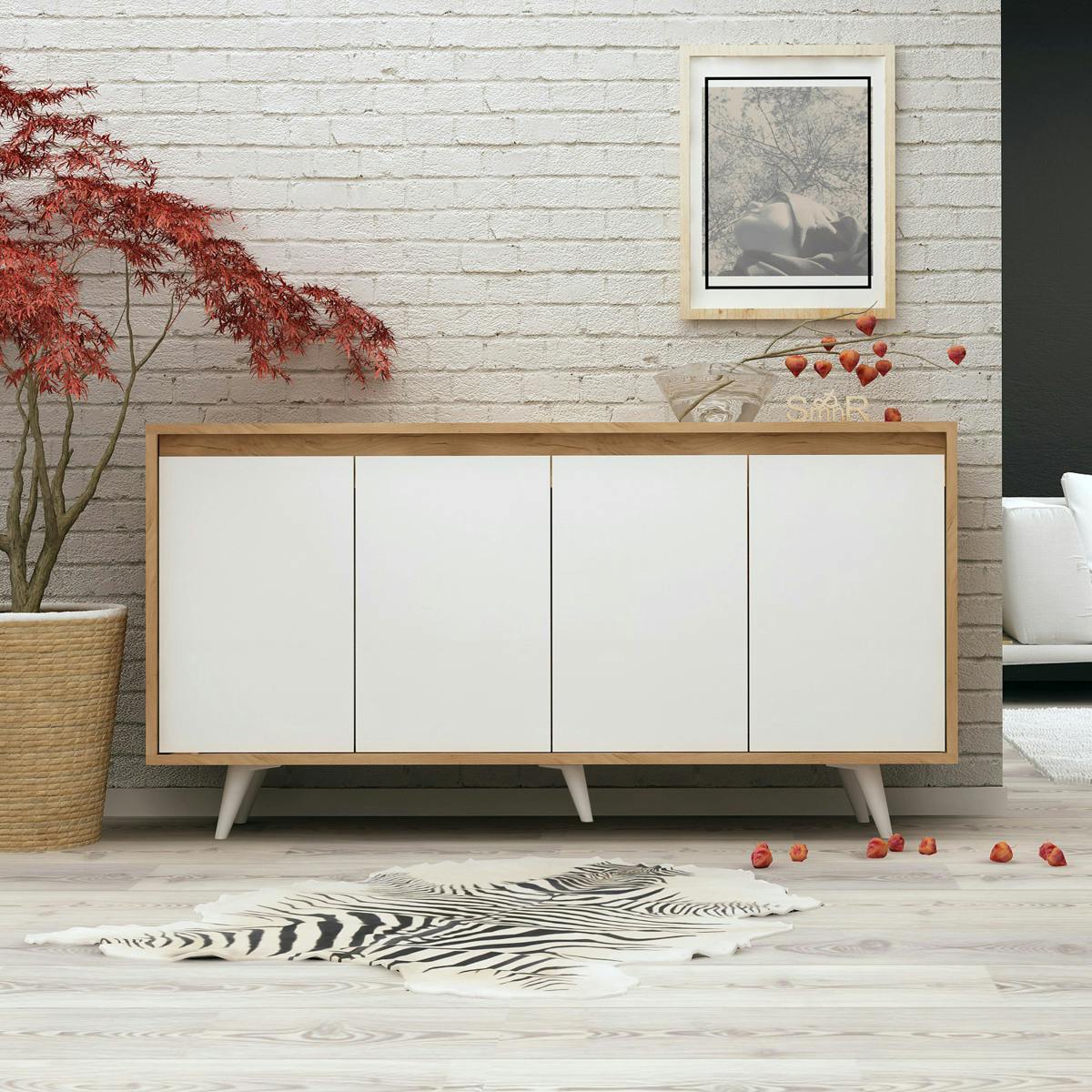 Buffet scandinave bicolore, 4 portes blanches JENA