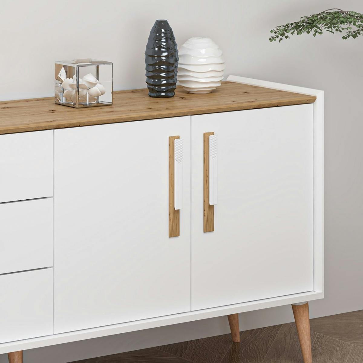 Buffet Blanc 3 Tiroirs 2 Portes 120x39x75 Cm - Style Scandinave, Pieds En Bois Hêtre, Rangement Spacieux