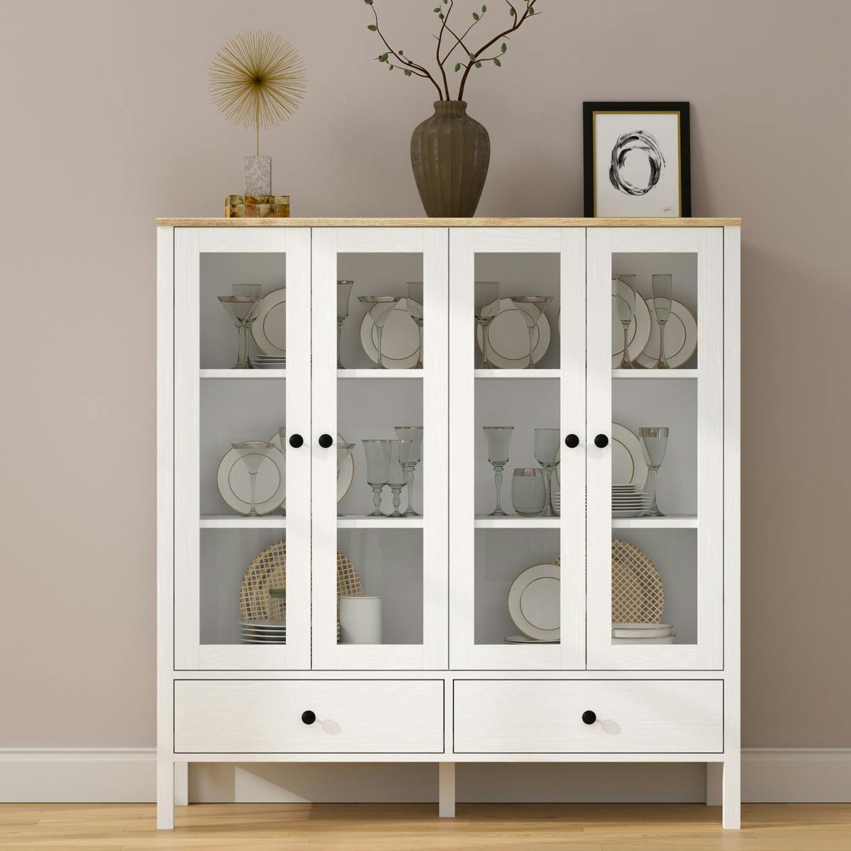 Buffet vaisselier blanc, 4 portes vitrées 2 tiroirs SALTA