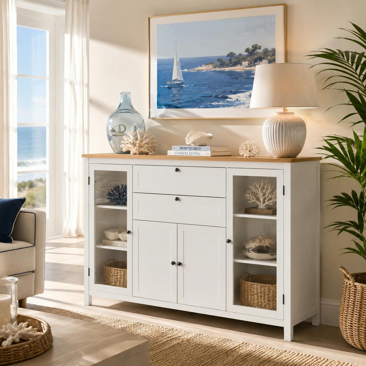 Buffet vitrine blanc 4 portes 2 tiroirs VENZA