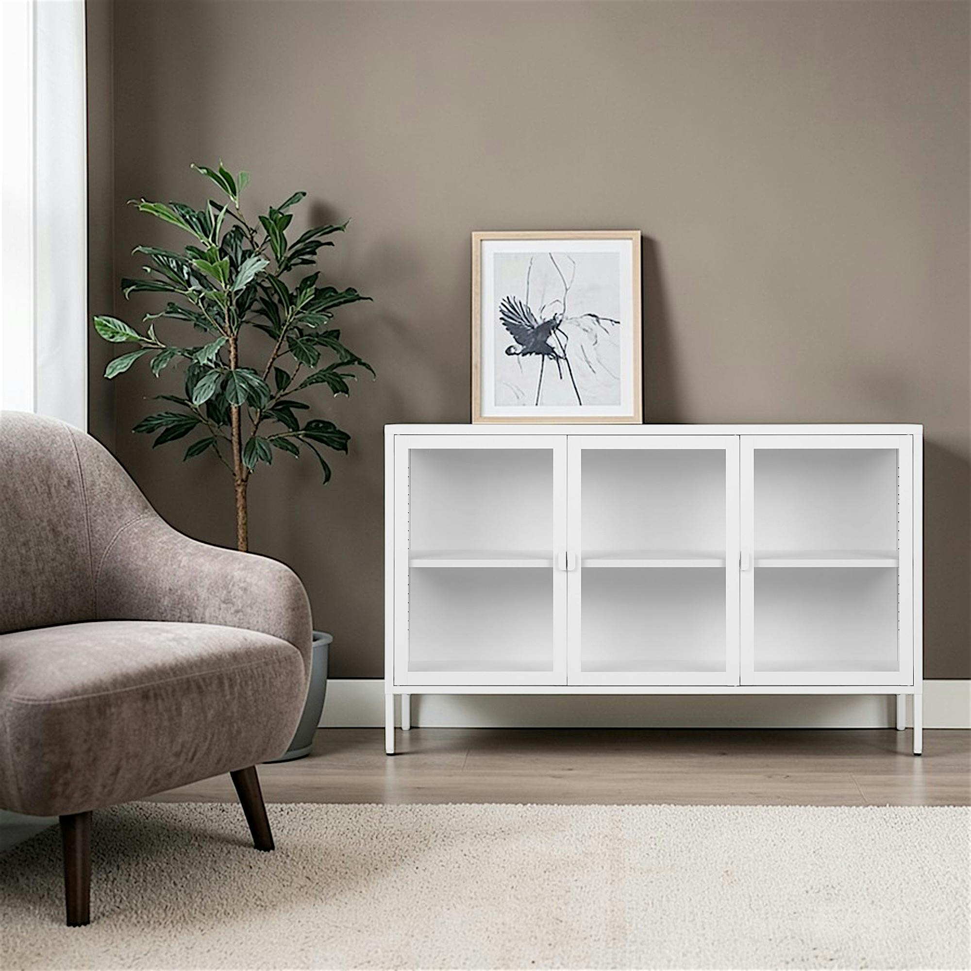 Buffet vitrine blanc en métal 3 portes ODENSE