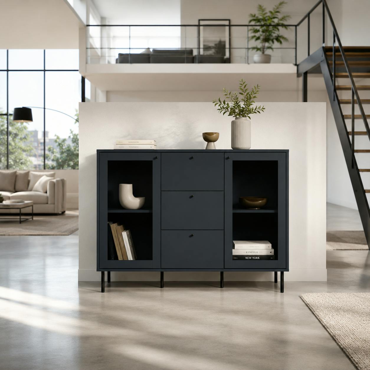 Buffet vitrine bleu sombre 2 portes 3 tiroirs RAVEN