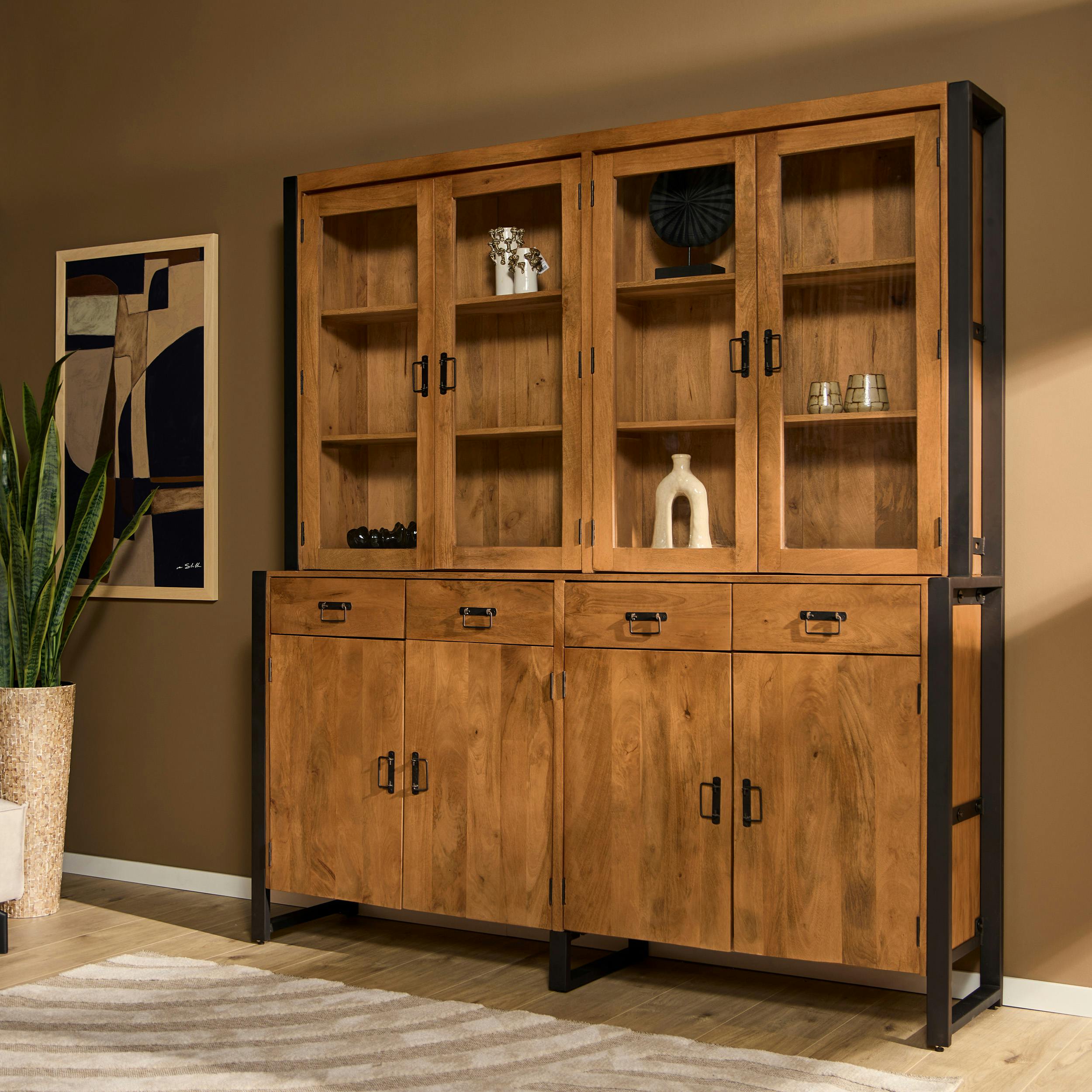 Buffet vitrine bois métal 200 cm MILORA