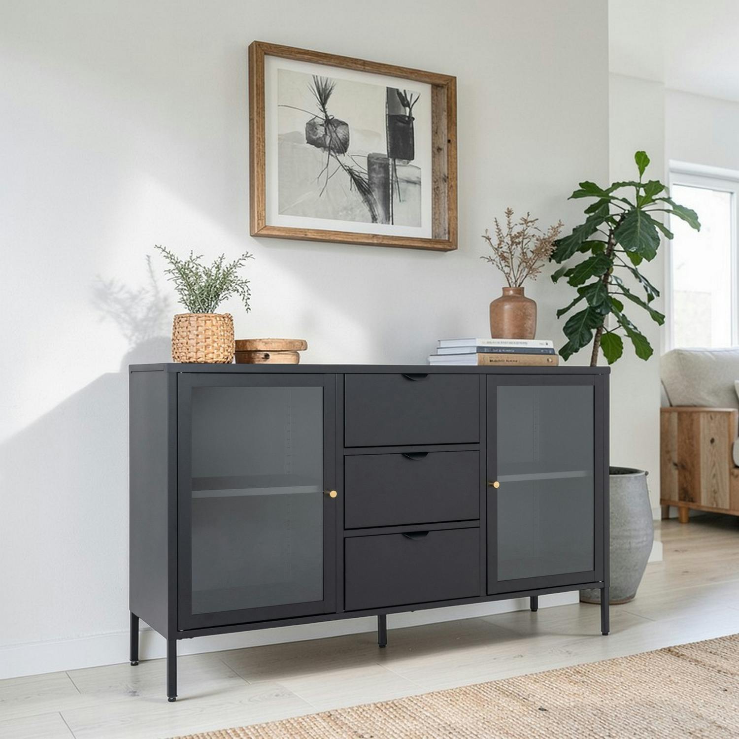 Buffet vitrine en métal noir 2 portes 3 tiroirs ODENSE