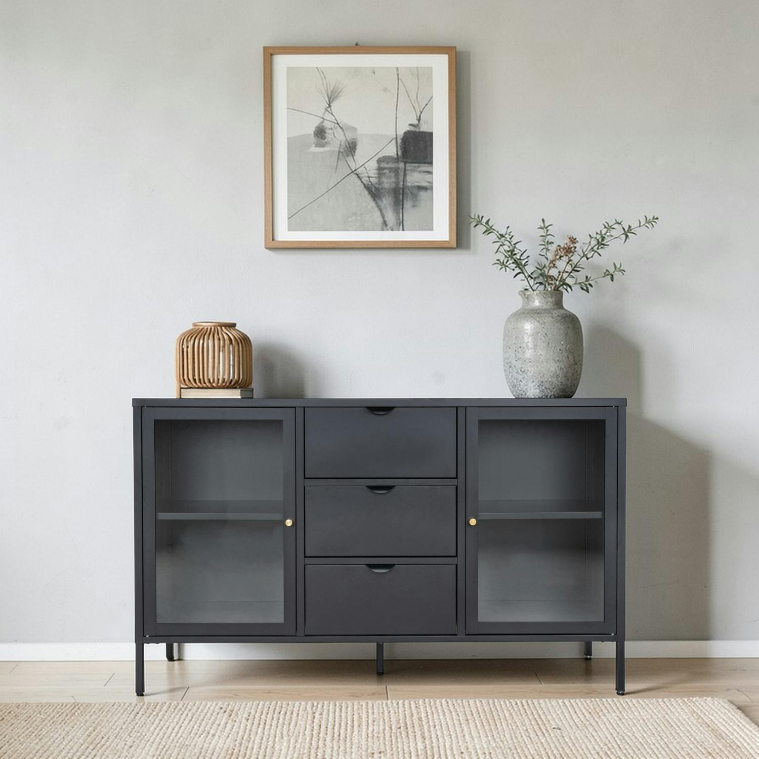 Buffet vitrine en métal noir 2 portes 3 tiroirs ODENSE