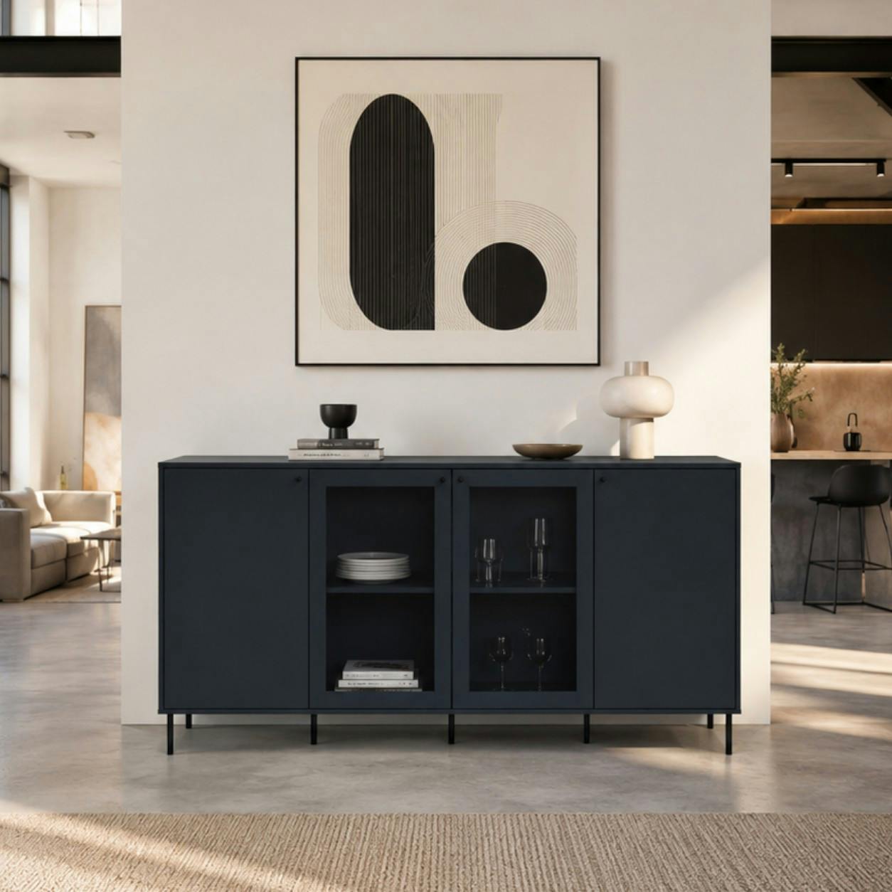 Buffet vitrine moderne bleu sombre 4 portes RAVEN