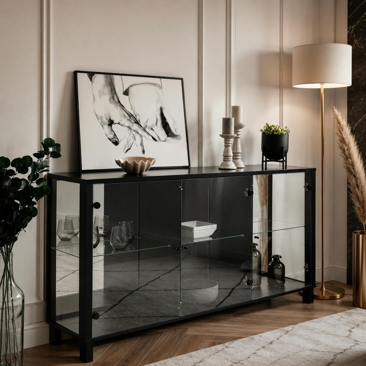 Buffet vitrine noir avec miroir RAVEN