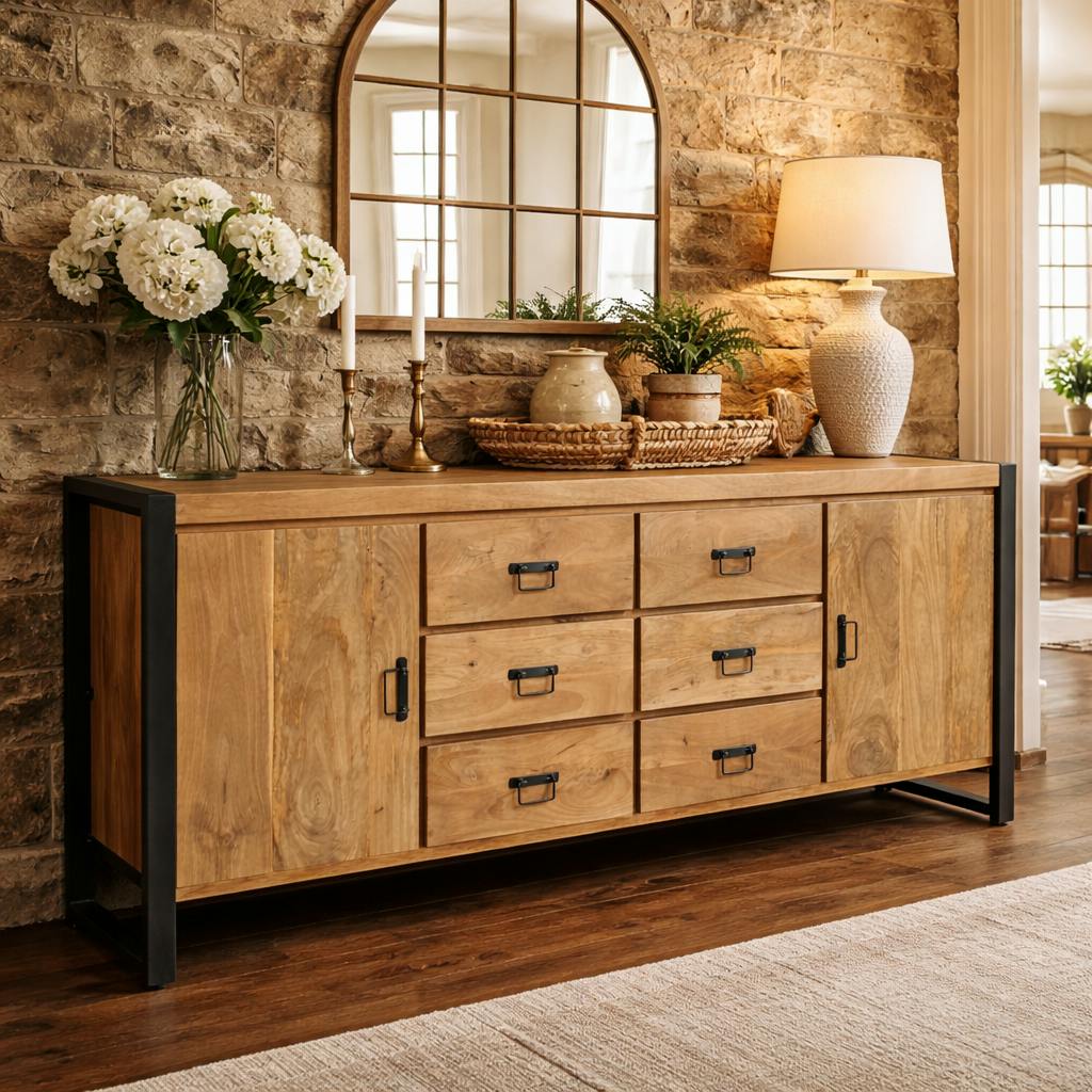 Buffet XXL bois clair 2 portes style campagne chic MILORA