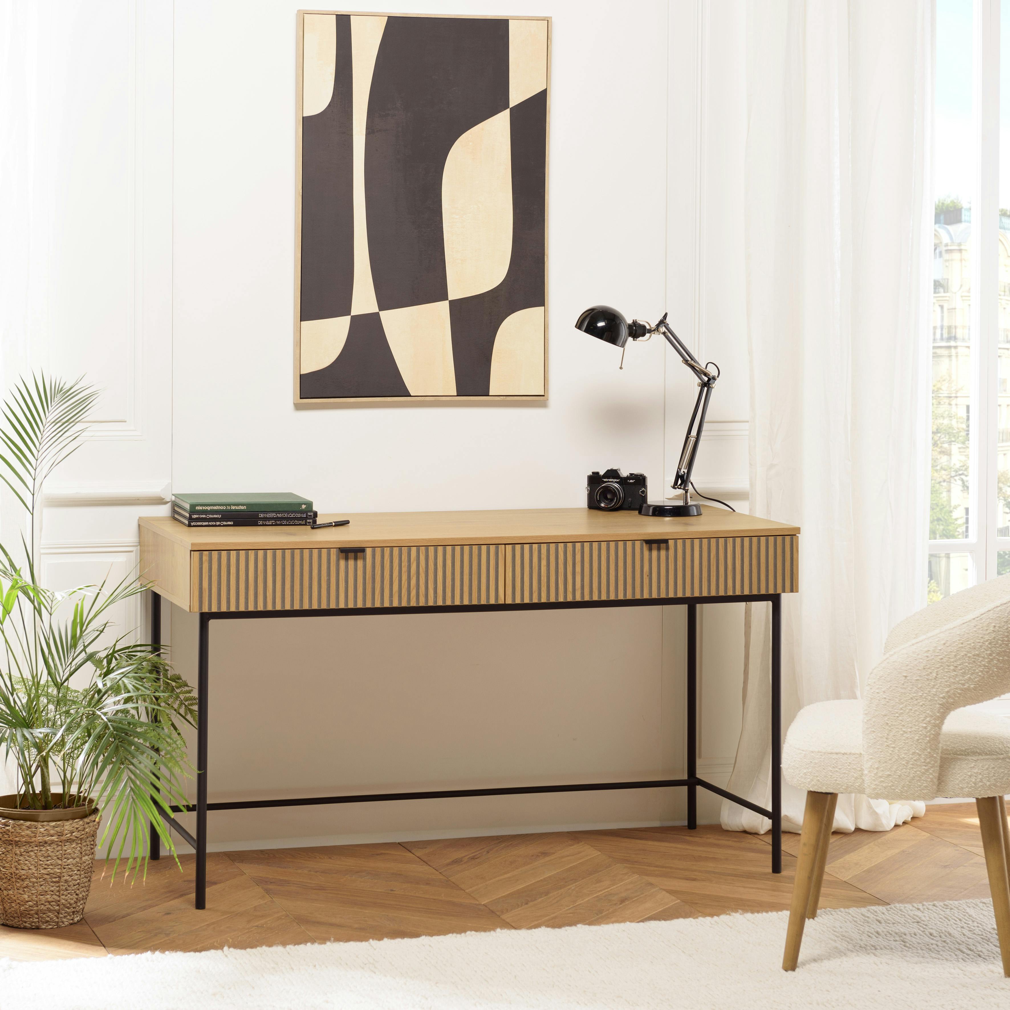 Bureau 2 tiroirs décor effet bois rainuré noir et naturel OLETTA