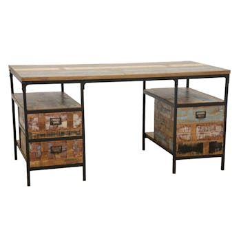 Bureau 3 tiroirs, 2 niches ouvertes en Hévéa recyclé coloré et métal 150x75x75cm LOFT COLORS
