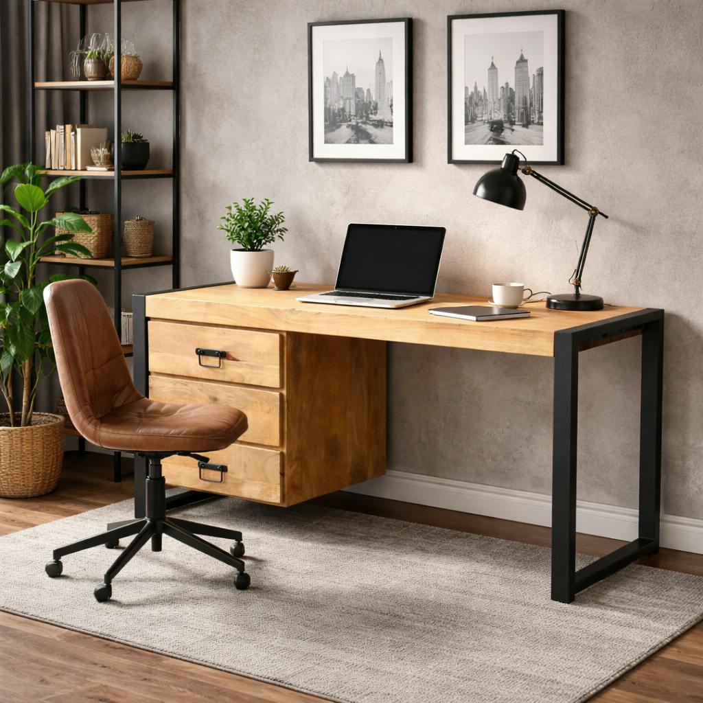 Bureau 3 tiroirs bois clair et structure métal MILORA