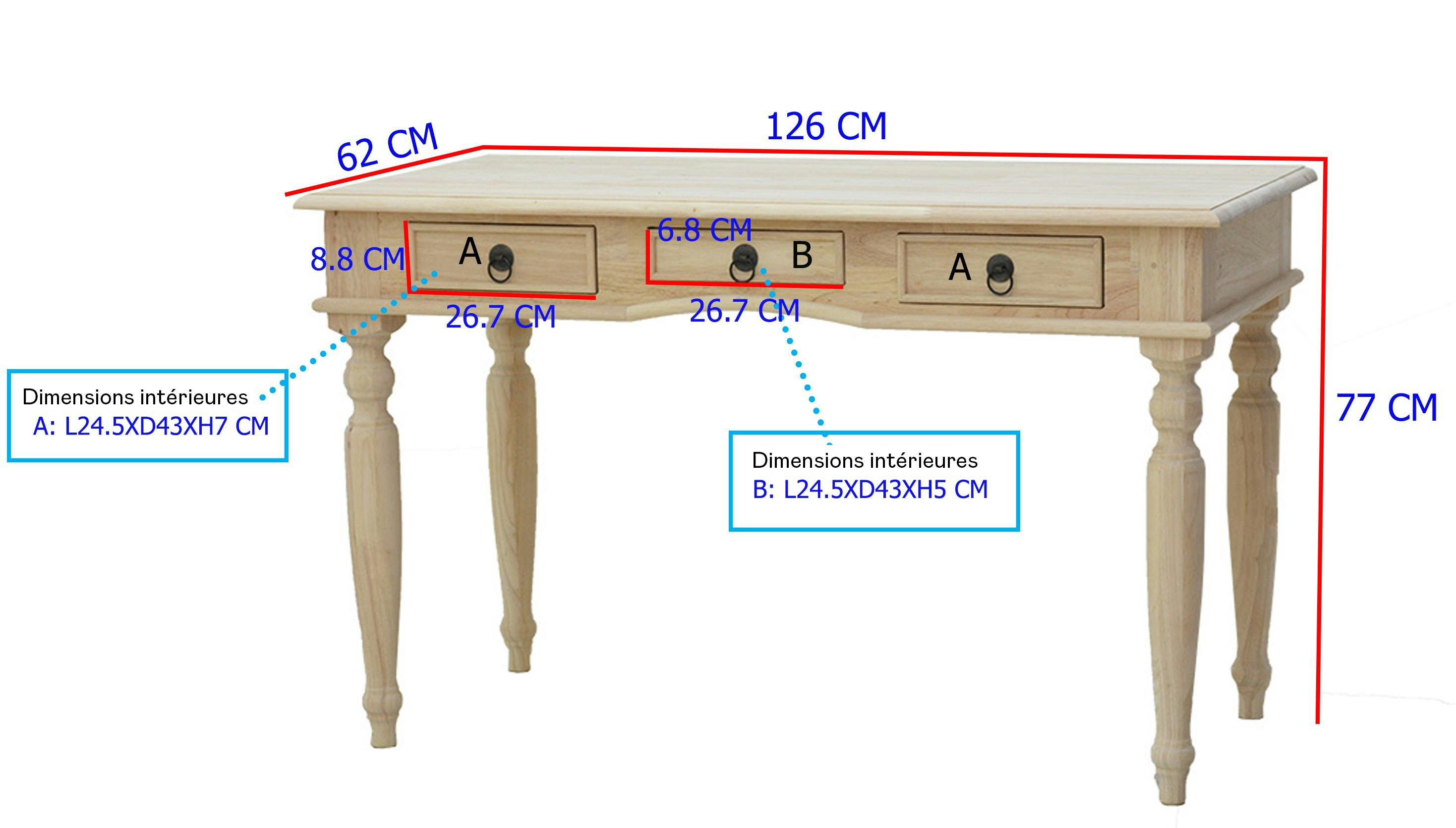 Bureau 3 tiroirs hévéa 130x62x75cm TRADITION