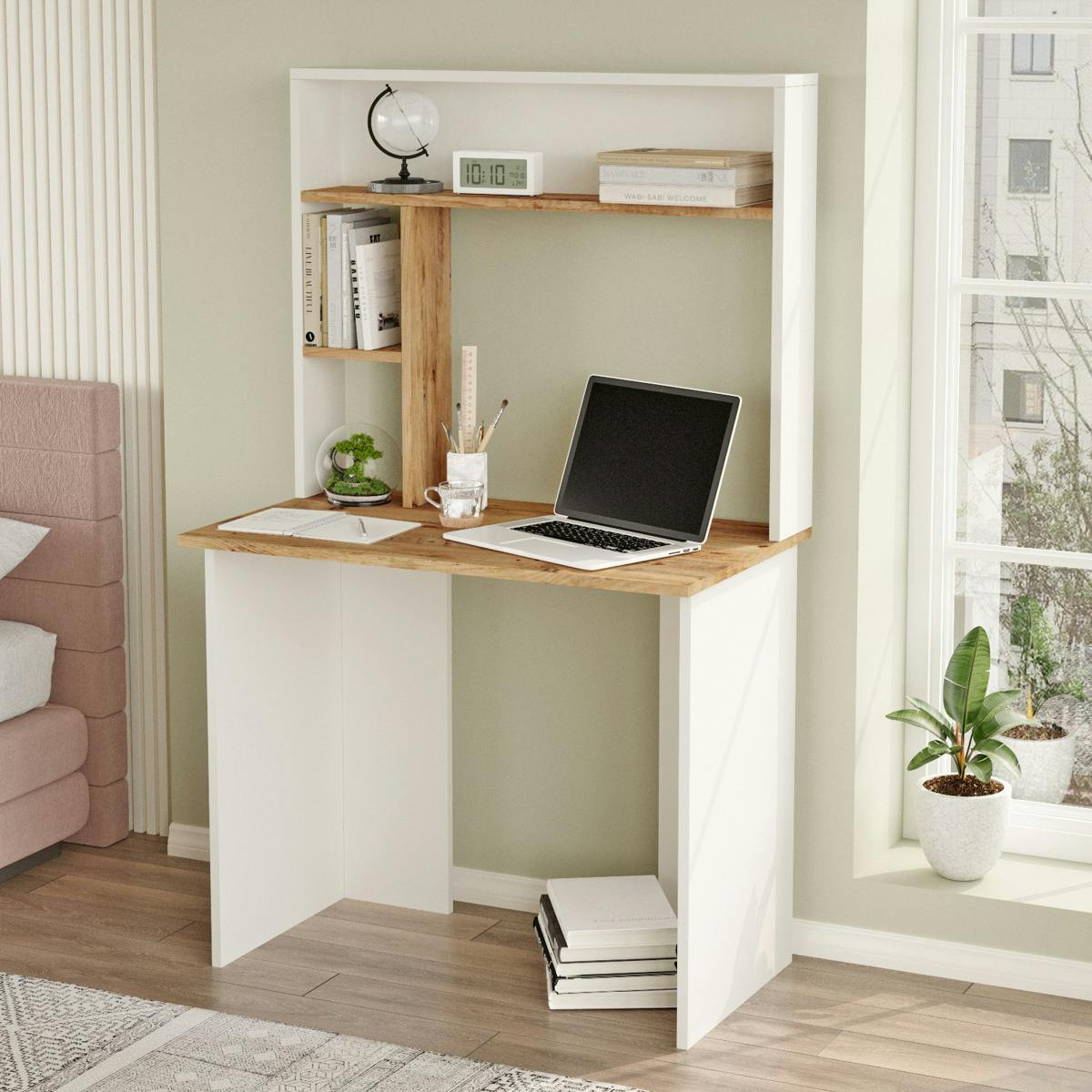 Bureau ado blanc décor bois avec rangement haut MARFA