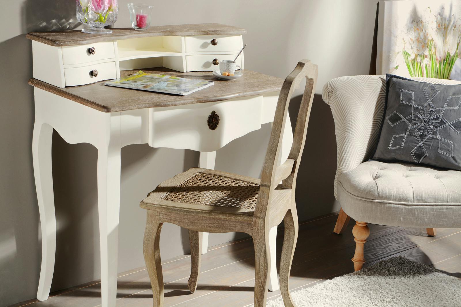 Bureau Baroque 1 + 4 tiroirs, 2 niches CELESTINE BLANC plateau bois marron 80x50x95cm AMADEUS