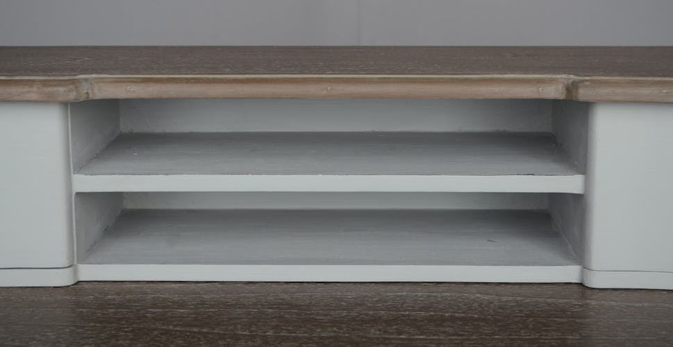 Bureau bicolore patine grisée, shabby romantique, 3 tiroirs CLOTHILDE L100XH95XP50 AMADEUS