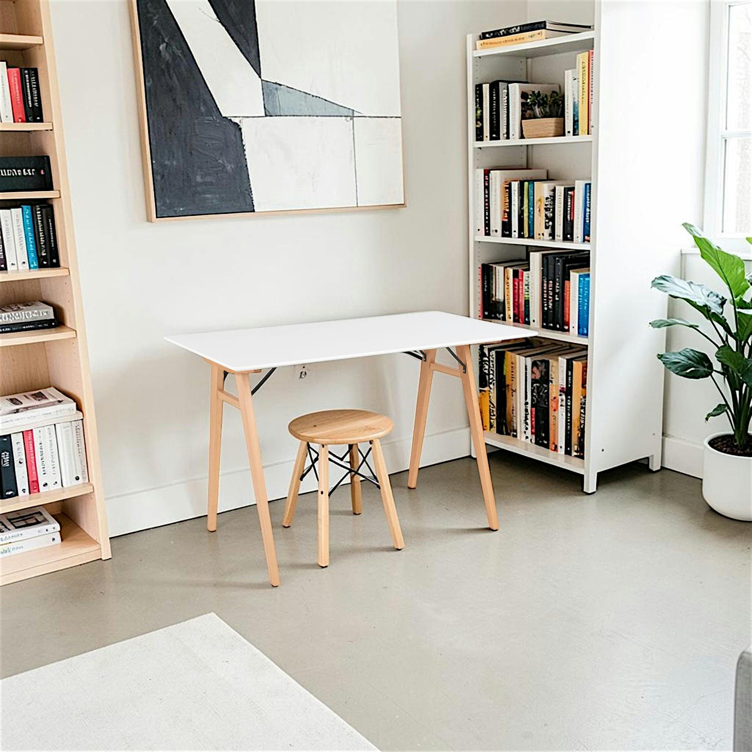 Bureau blanc moderne pieds bois style tréteau 120 cm OTTA