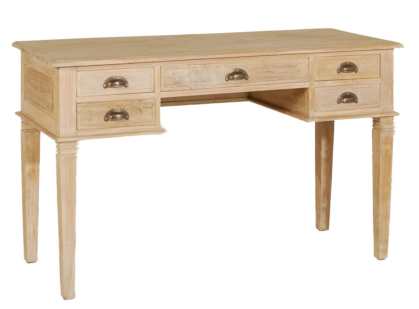 Bureau colonial 5 tiroirs Teck blanchi 120cm DIANE