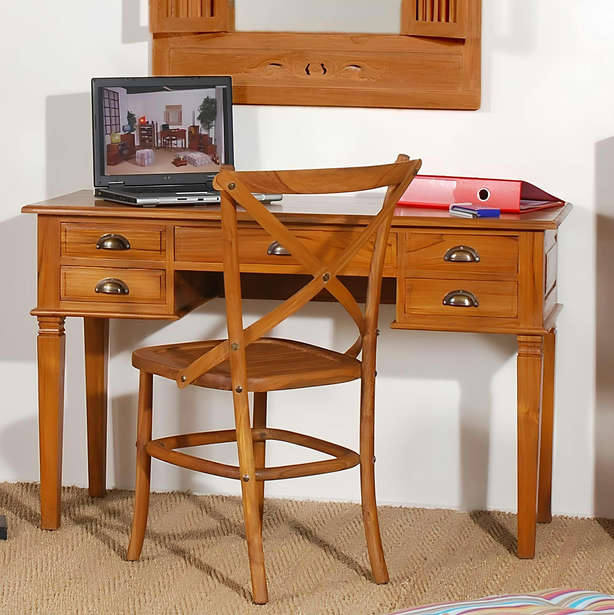 Bureau colonial 5 tiroirs Teck Miel 120cm BISHO