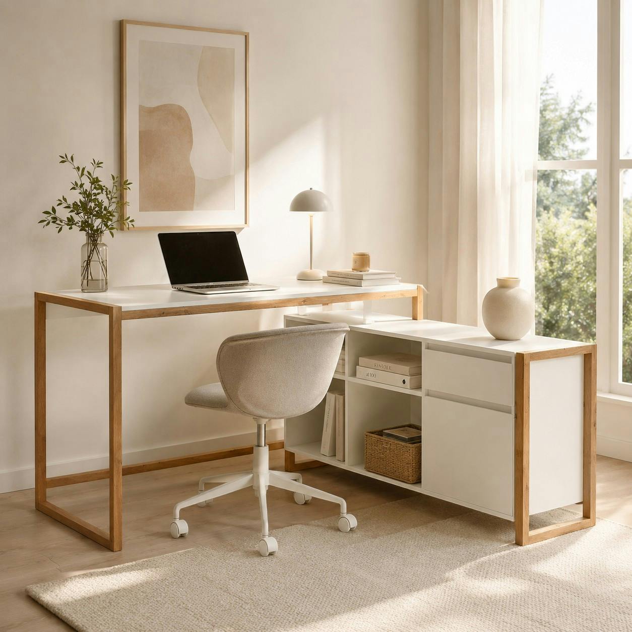 Bureau d'angle blanc avec bloc rangement ALVA