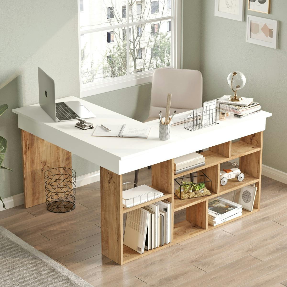 Bureau d'angle blanc décor bois à niches de rangement MARFA