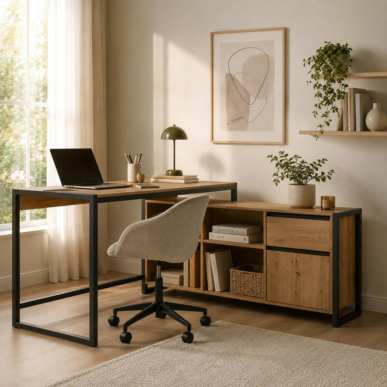Bureau d'angle effet chêne avec bloc rangement ALVA