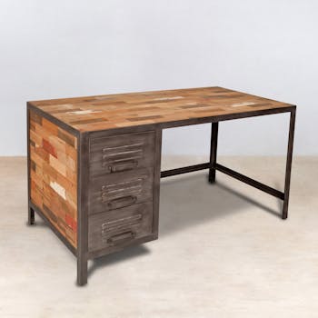Bureau de chambre 3 tiroirs bois recyclé métal CARAVELLE