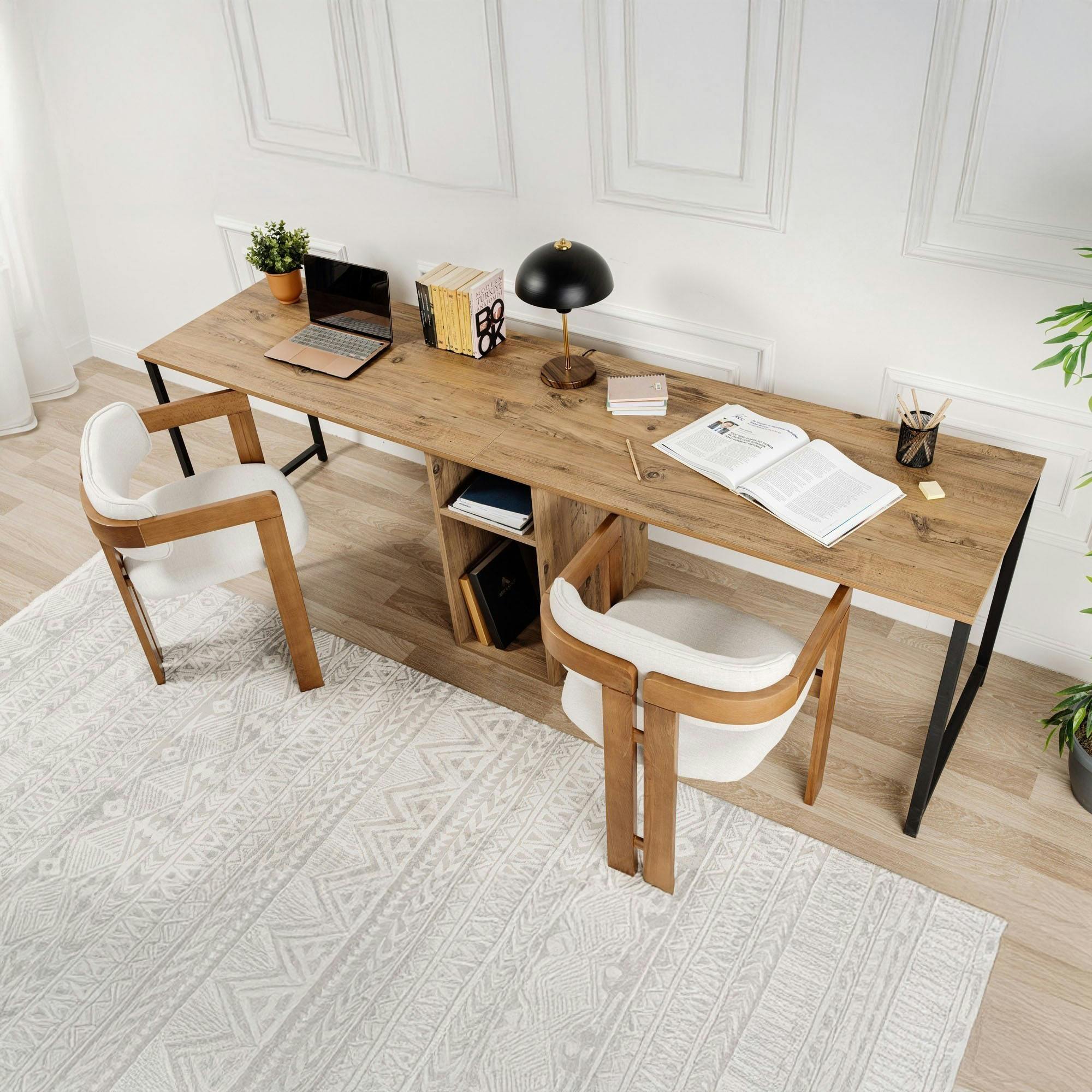 Bureau double avec rangement central - plateau effet pin MARFA