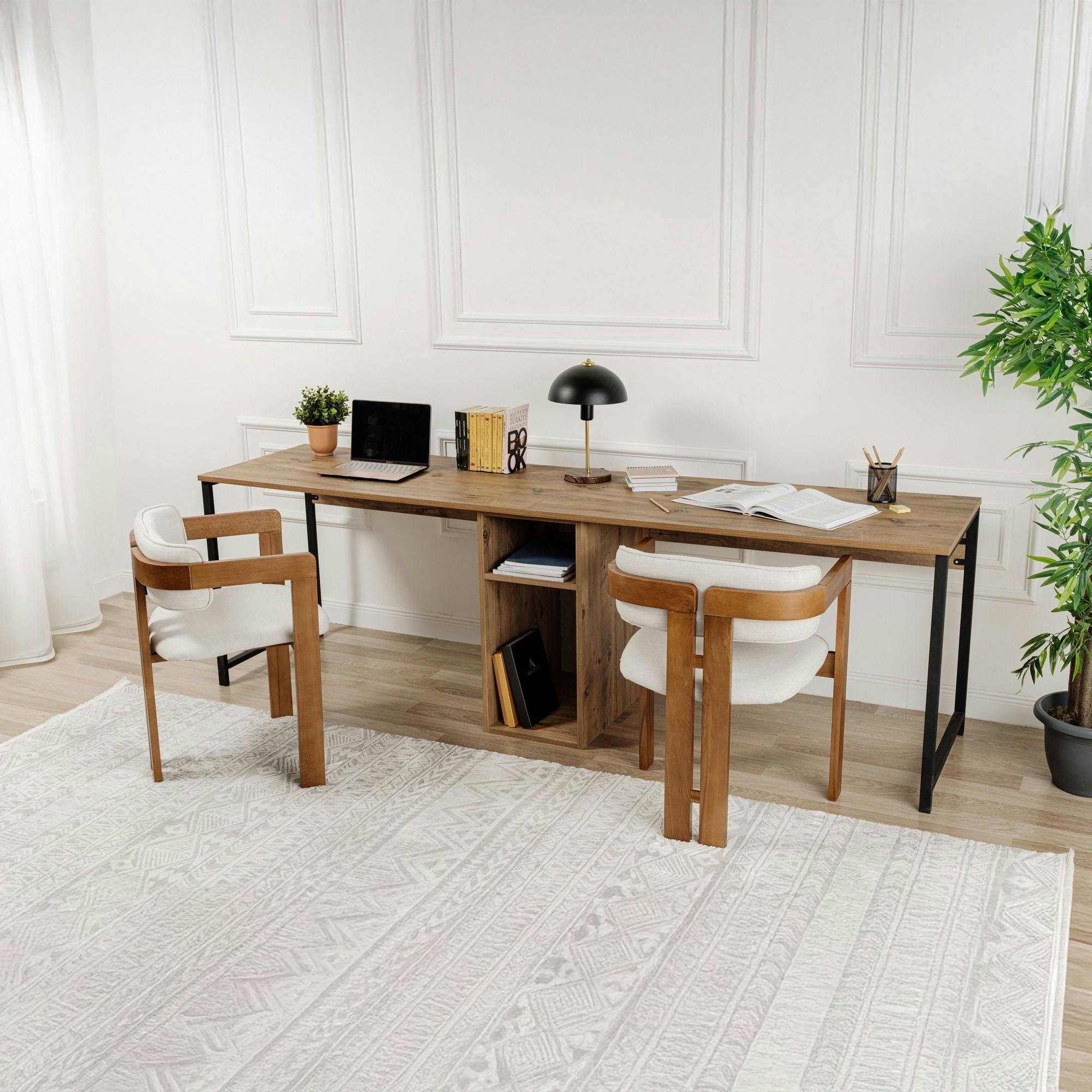 Bureau double avec rangement central - plateau effet pin MARFA