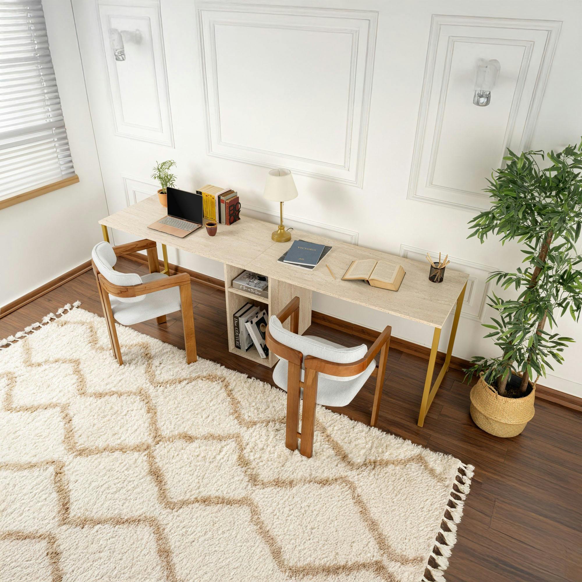 Bureau double avec rangement central - plateau effet travertin MARFA