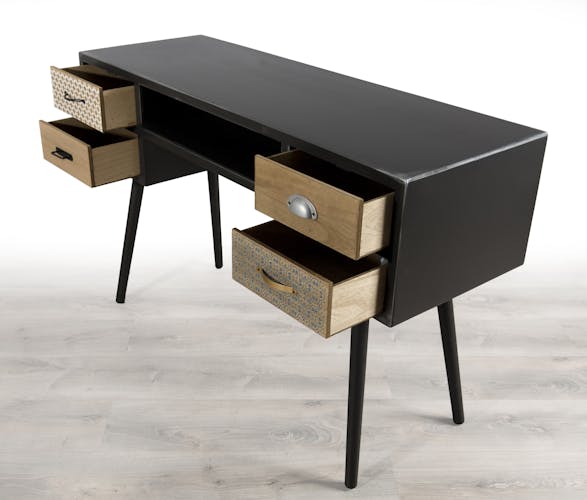 Bureau en bois noir aspect vieilli, 1 niche et 4 tiroirs décor Patchwork 120x41x77cm LEONARD