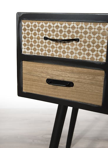 Bureau en bois noir aspect vieilli, 1 niche et 4 tiroirs décor Patchwork 120x41x77cm LEONARD