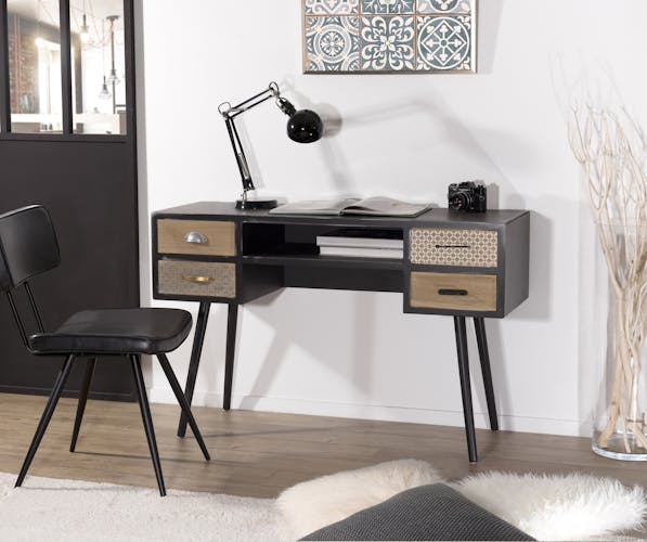 Bureau en bois noir aspect vieilli, 1 niche et 4 tiroirs décor Patchwork 120x41x77cm LEONARD