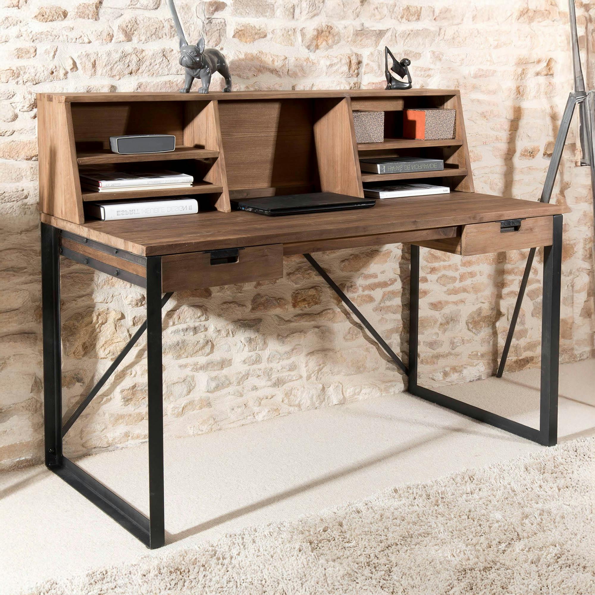 Bureau en Teck recyclé et métal noir 2 tiroirs et partie supérieure avec 7 niches 140x70x113cm SWING