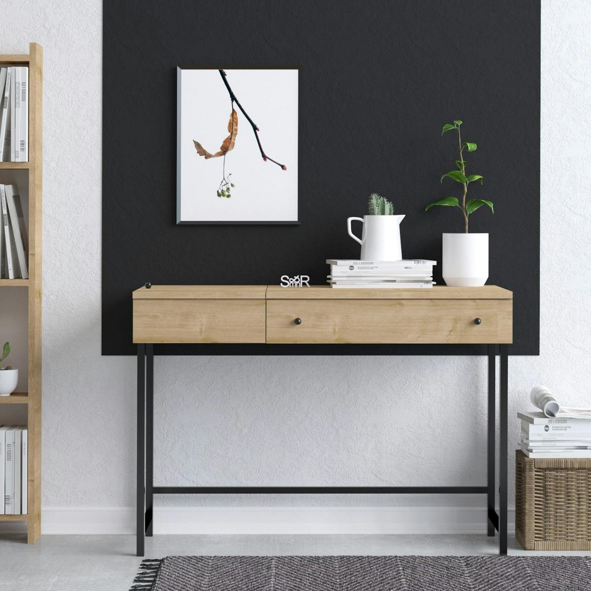 Bureau étroit moderne décor bois 2 rangements JENA