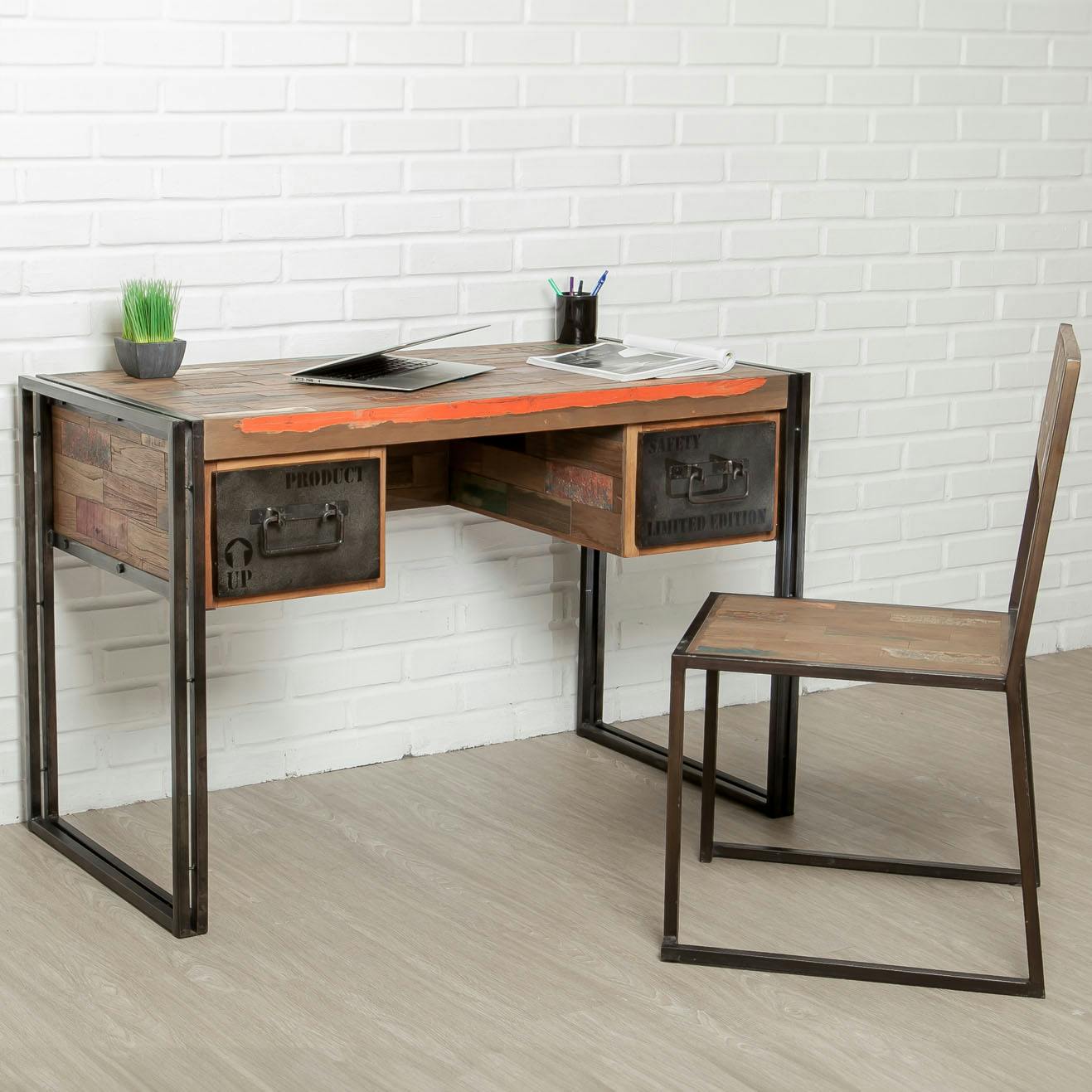 Bureau industriel bois / métal 2 tiroirs FACTORY