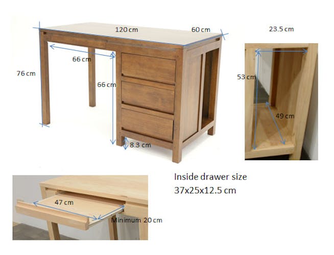 Bureau moderne 3 tiroirs hévéa 120x60x76cm OLGA