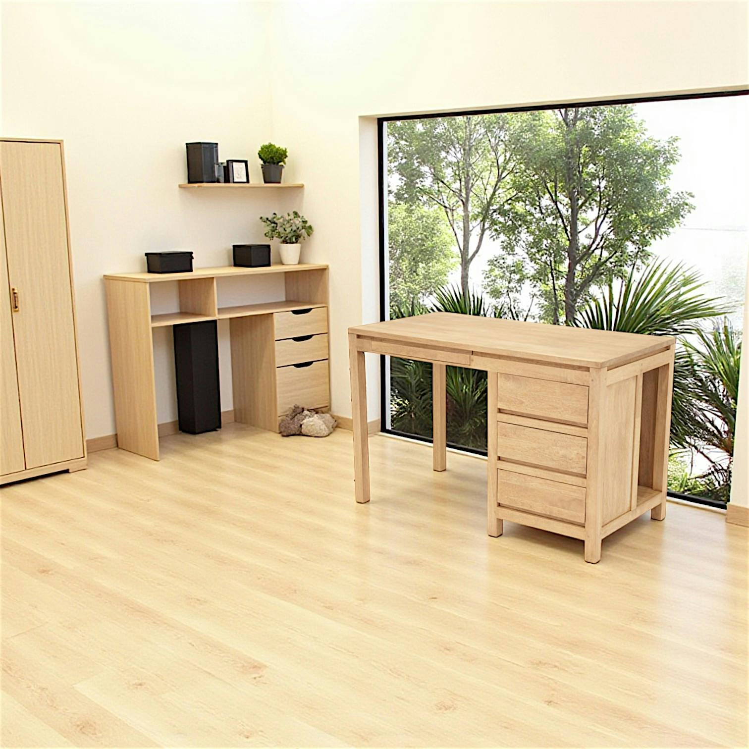 Bureau multimédia Hévéa 3 tiroirs, 1 tablette coulissante, 1 niche 120x80x75cm OLGA